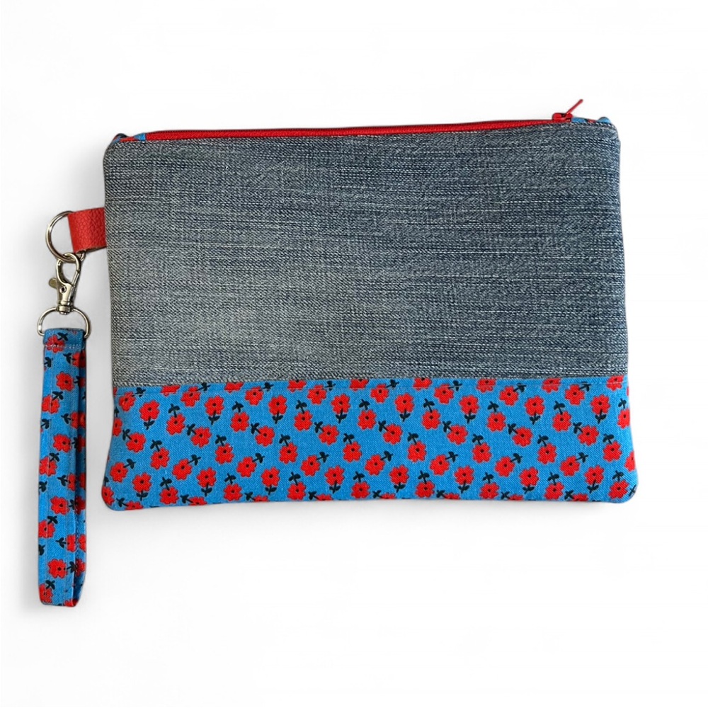 Handmade One Of A Kind Denim & Red Poppies Upcycled Fabric Clutch Wristlet